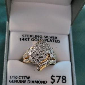 925 Sterling Silver 14KT Gold Plated 1/10 CTTW GENUINE DIAMOND Size 7